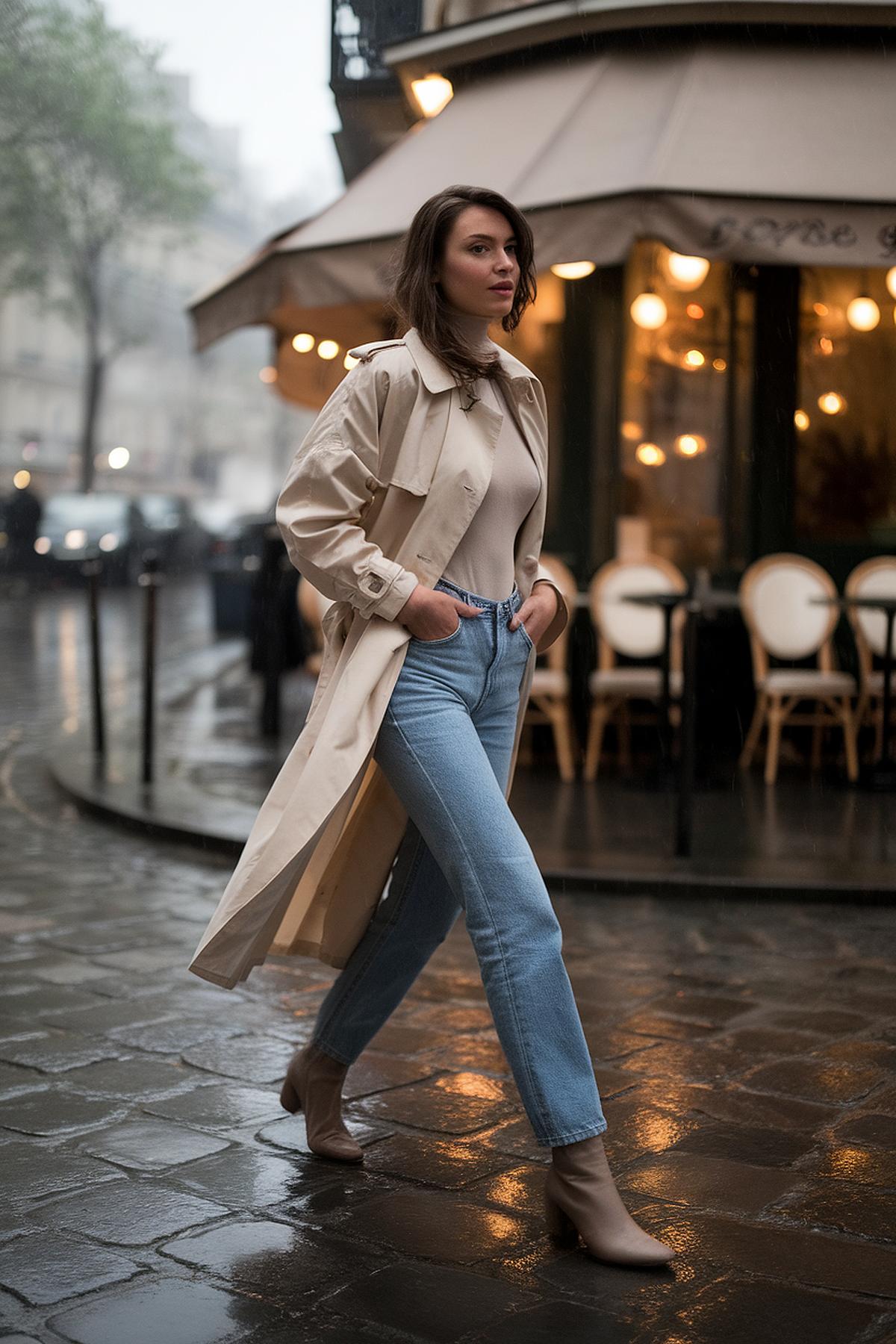 Woman in trench coat and jeans walking on a rainy street
