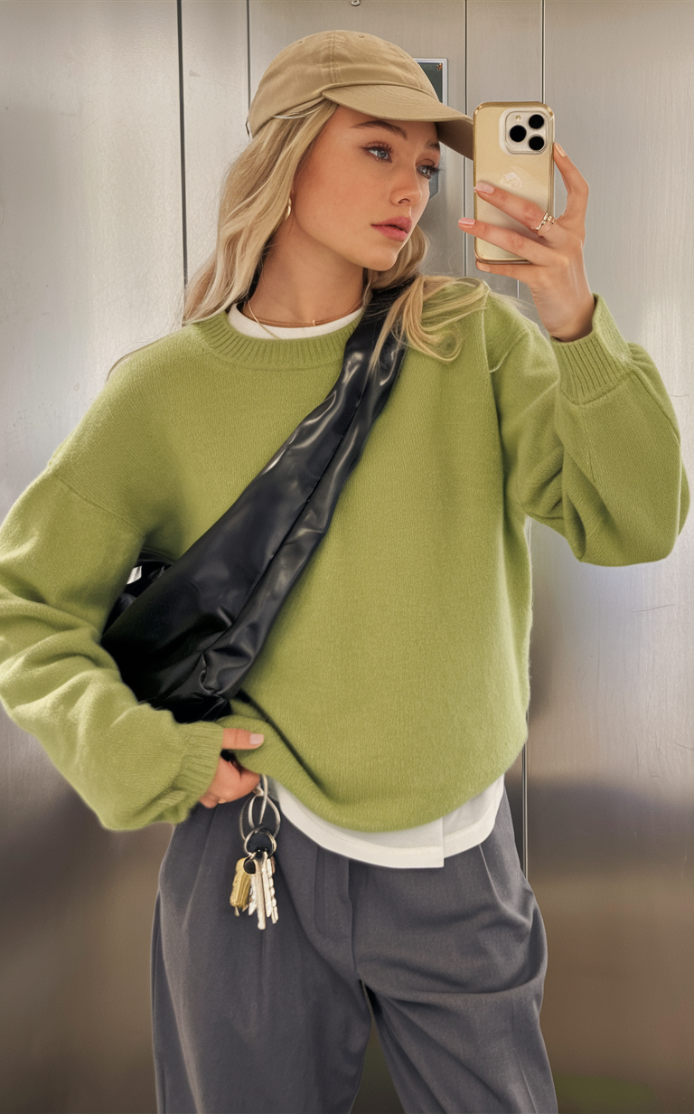 Woman in green sweater and cap with relaxed pants