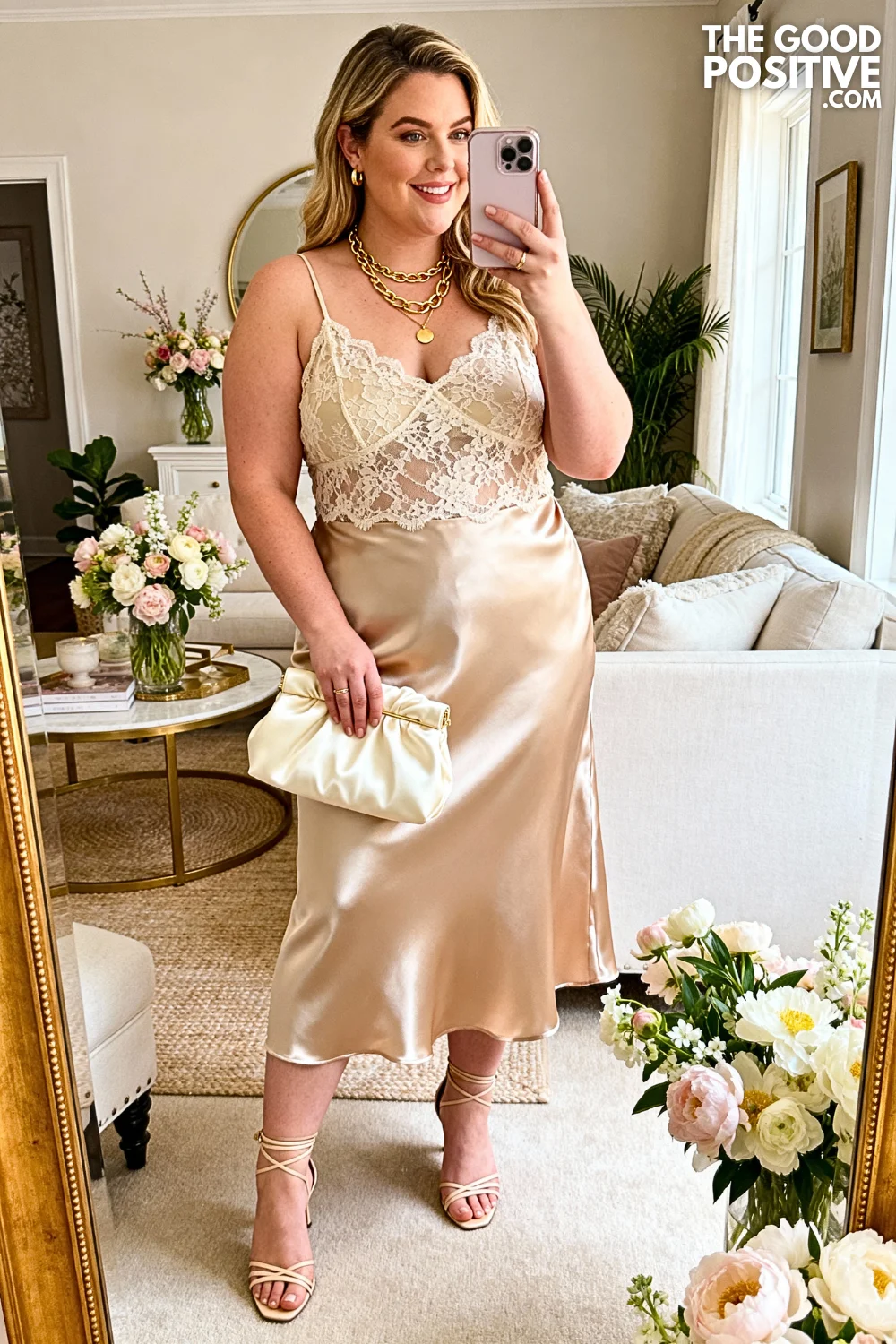 Woman in silk slip dress with lace details