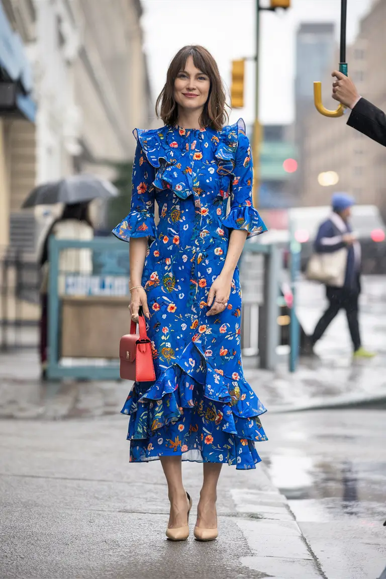 Woman in blue floral dress with ruffles