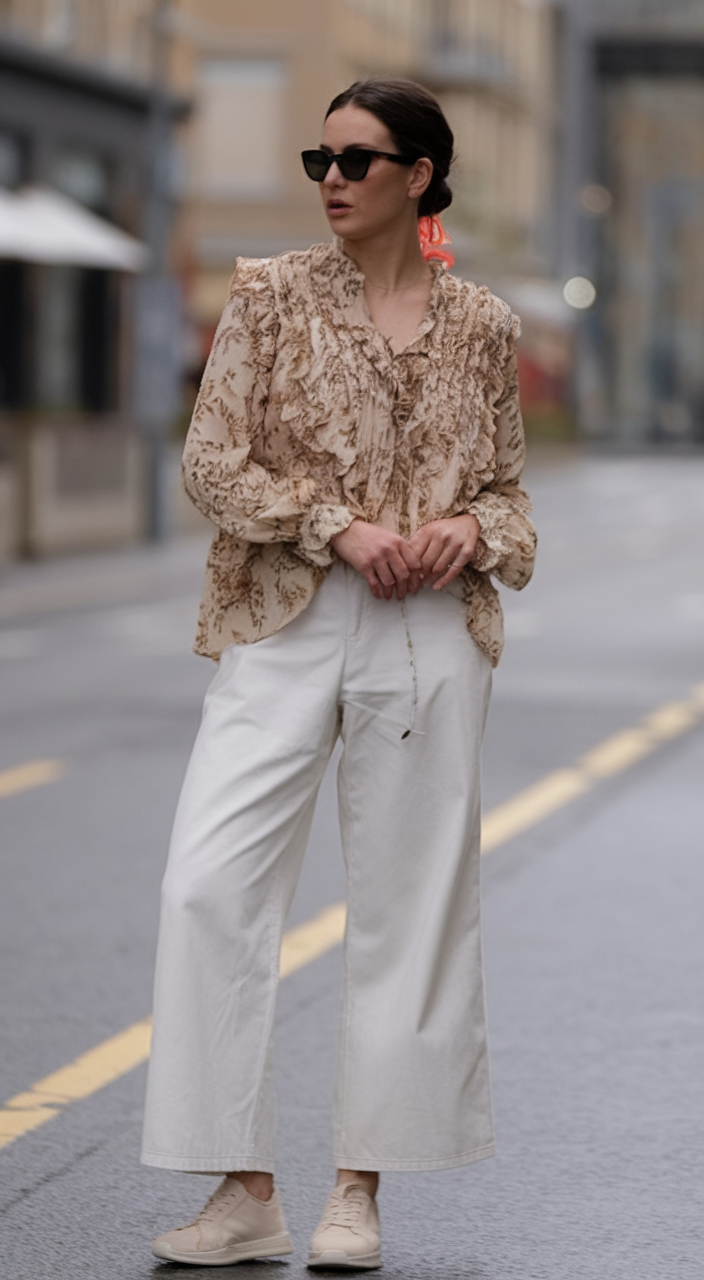 Woman in floral blouse and white wide-leg pants