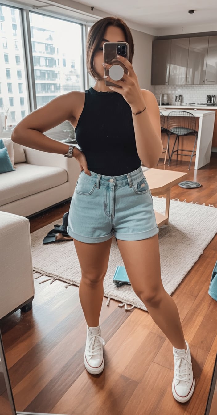 Black tank and light denim shorts with sneakers