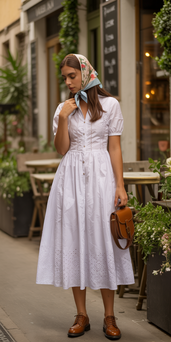 White midi dress with headscarf and brown shoes