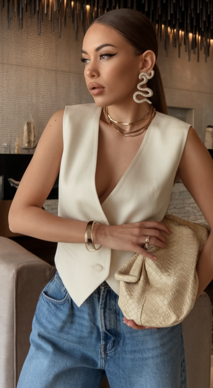 White vest and jeans with clutch
