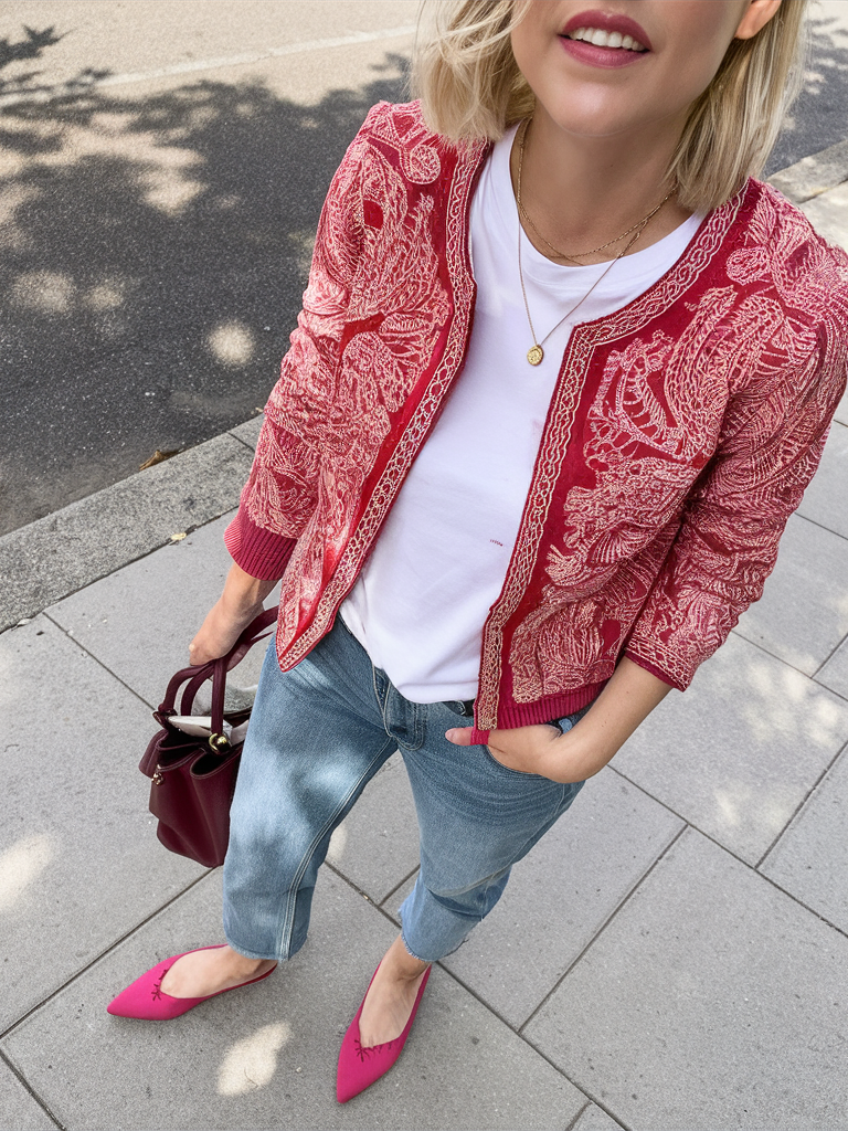 Embroidered jacket with jeans and pink flats