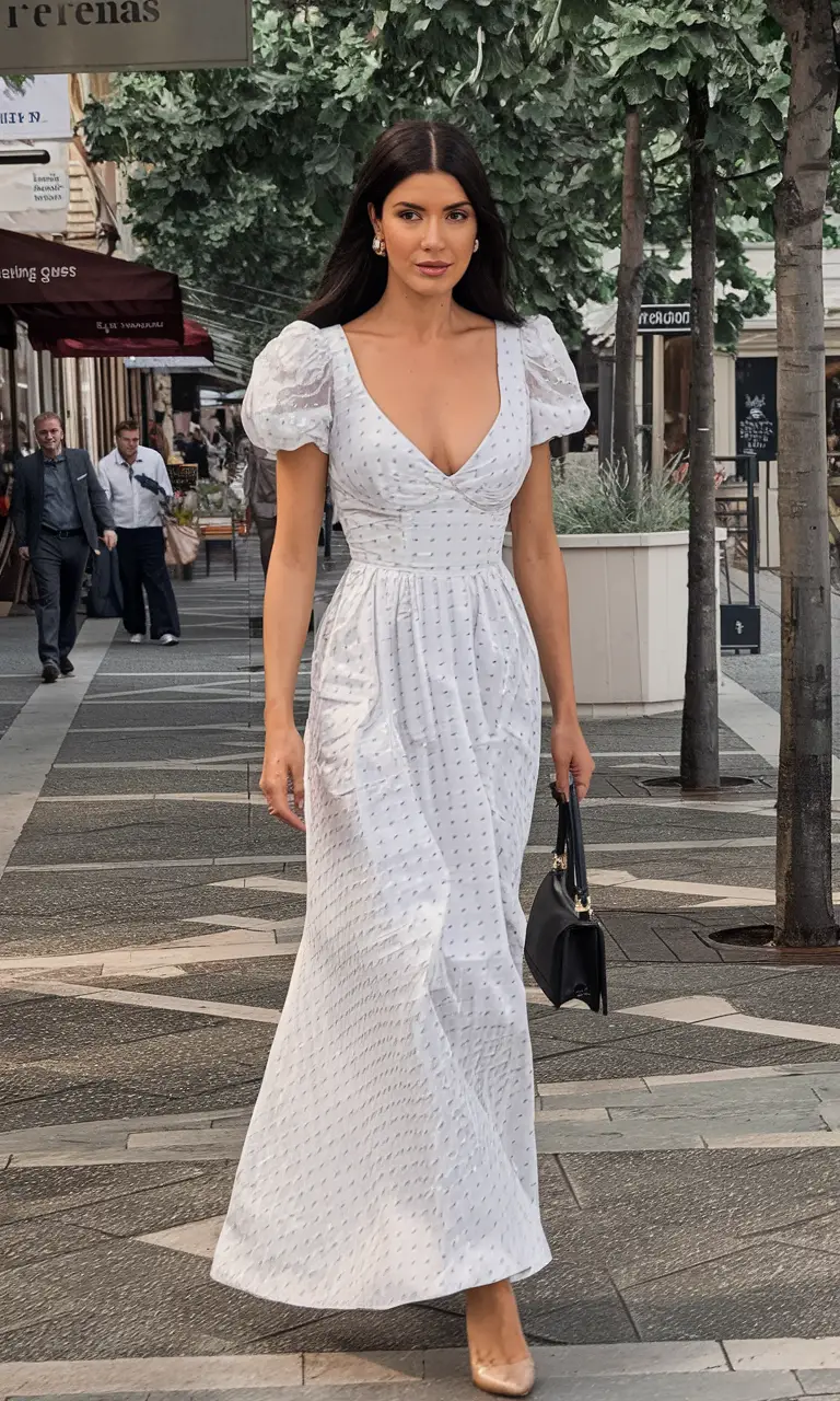 White maxi dress with puff sleeves