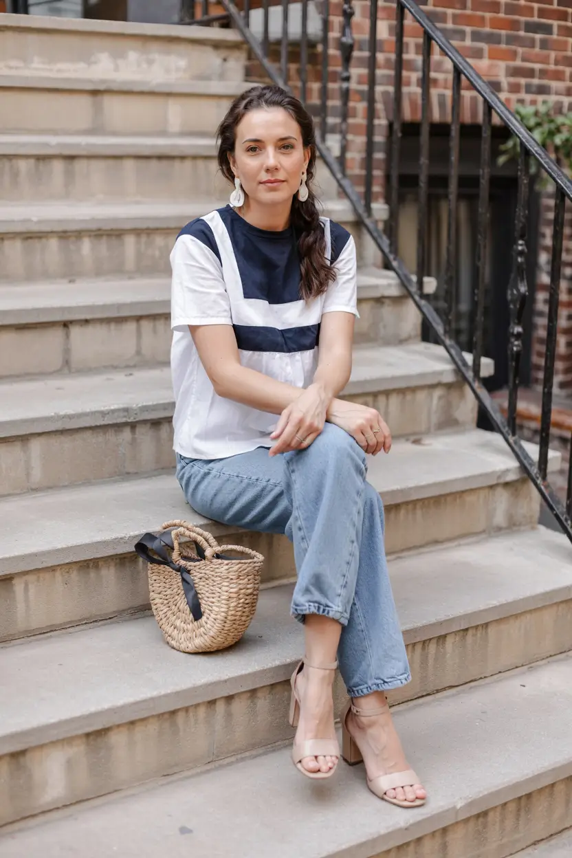 Relaxed white and navy top with jeans, a classic yet modern look.