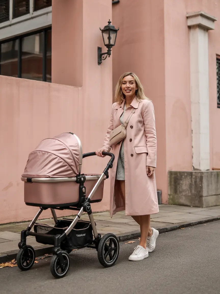 Soft pink coat and white dress, a nurturing and stylish combination for new moms.