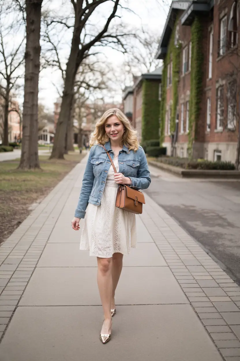 White lace dress with denim jacket, perfect for a spring stroll.