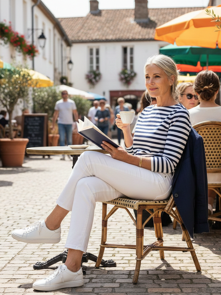 Striped top with white pants, perfect for a stylish café visit.
