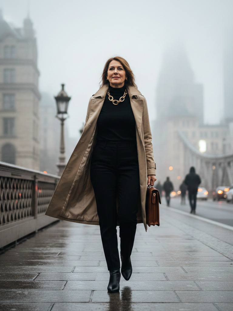 Beige trench coat with black ensemble, perfect for an urban adventure.