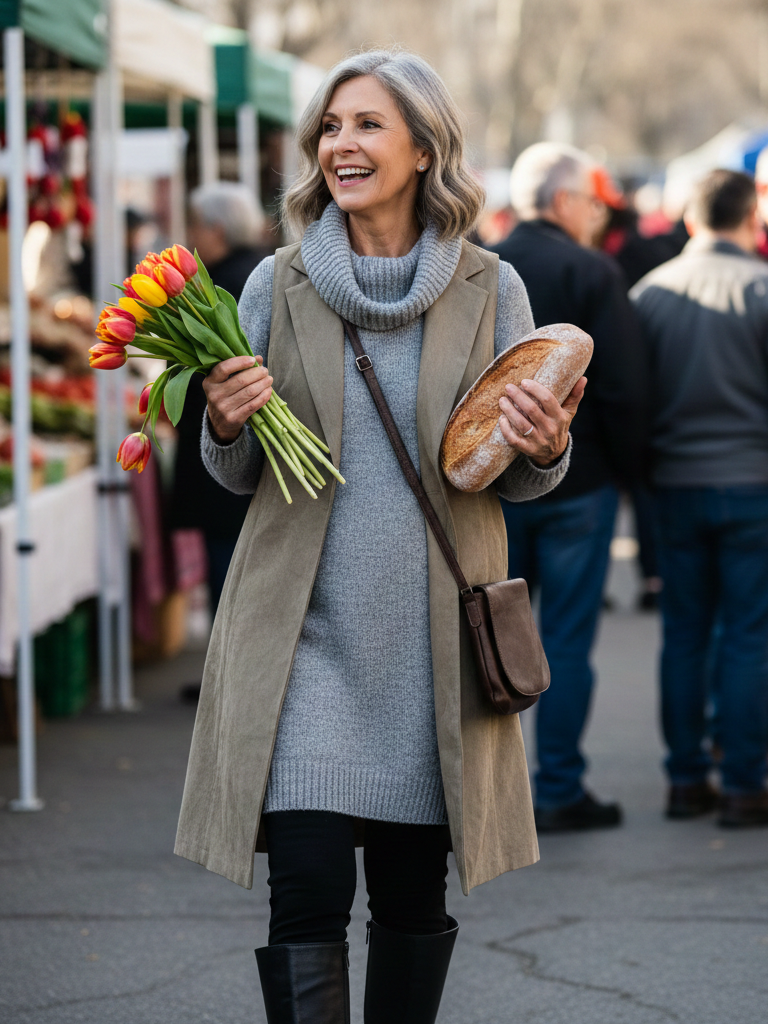 Gray sweater dress with vest, ideal for a cozy market day.