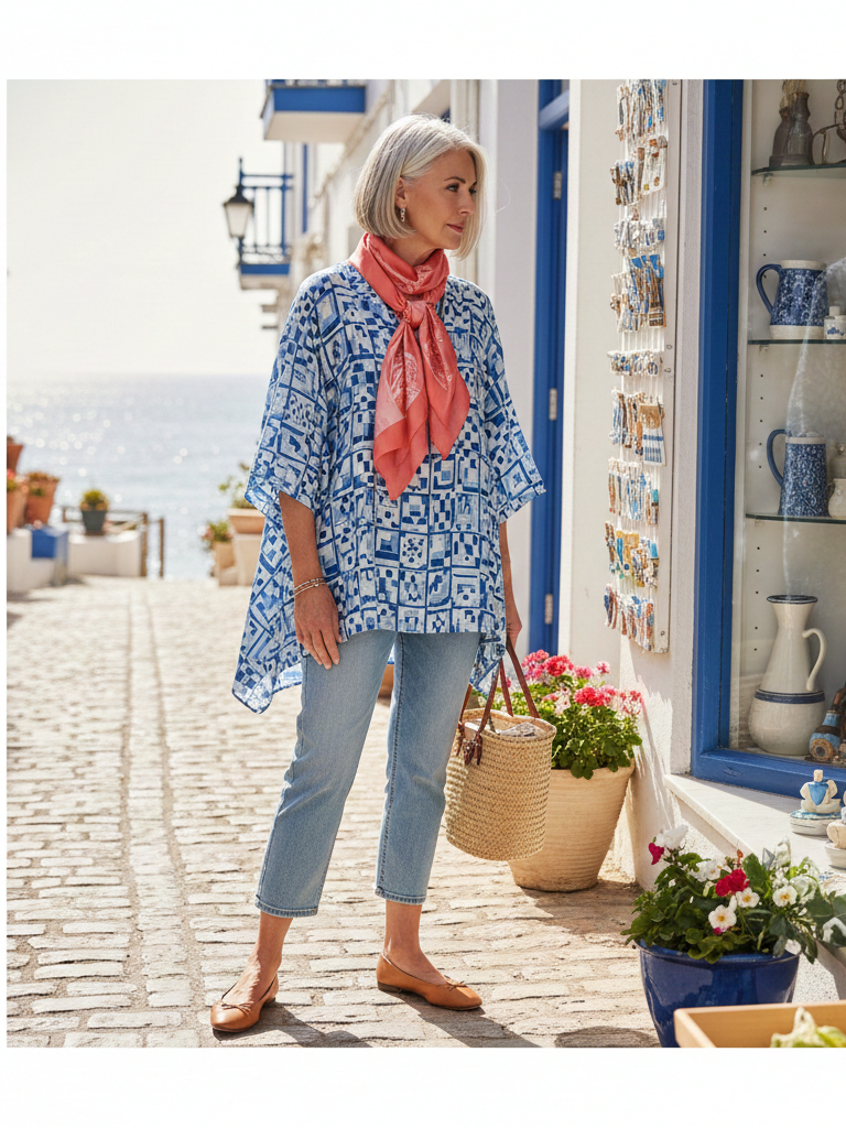 Blue and white tunic with jeans, perfect for a seaside stroll.