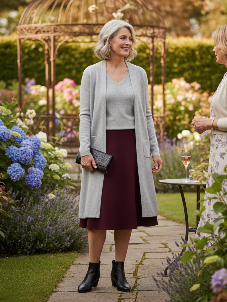 Elegant garden party outfit with gray cardigan and burgundy skirt.