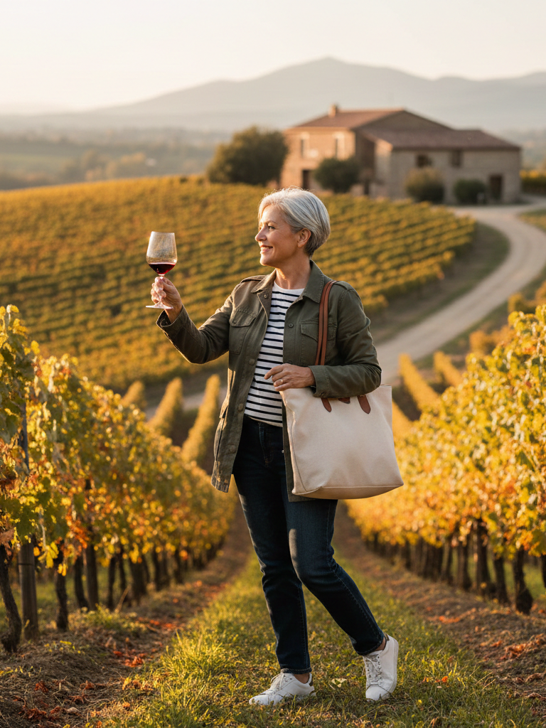 Striped top with olive jacket, perfect for a vineyard visit.