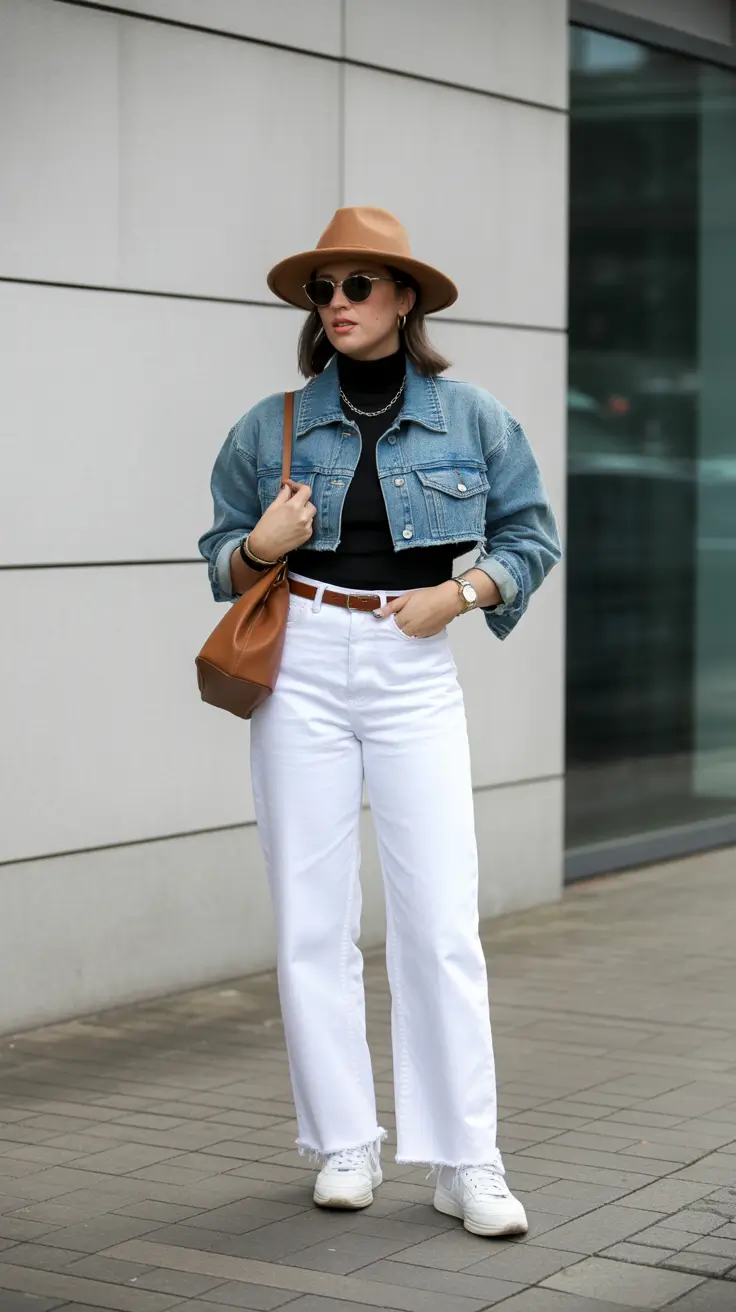 White jeans with denim jacket and hat, a chic urban look.