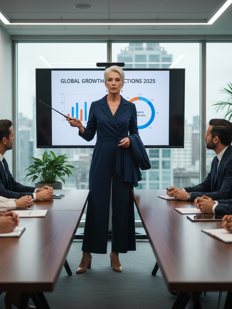 Navy jumpsuit for a powerful business presentation.