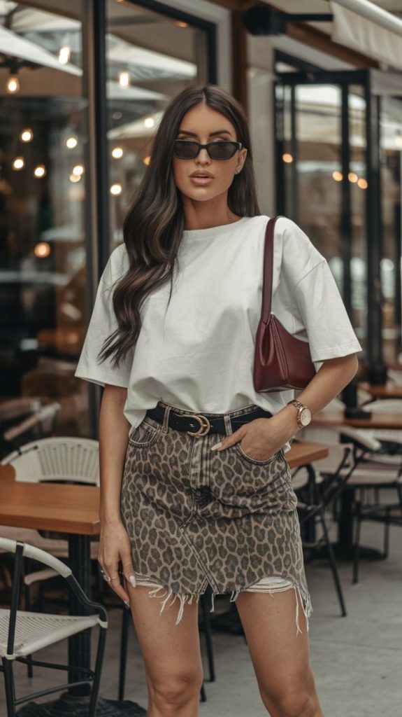 Casual white tee with leopard print skirt, a bold street style.