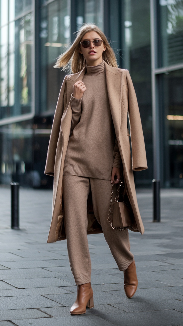 Taupe knit set with coat, a chic monochrome look.