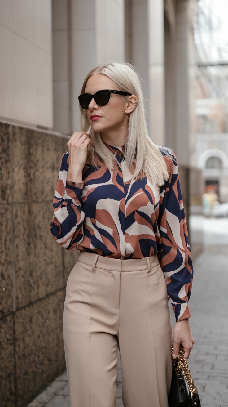 Abstract print blouse with neutral trousers, a modern office look.