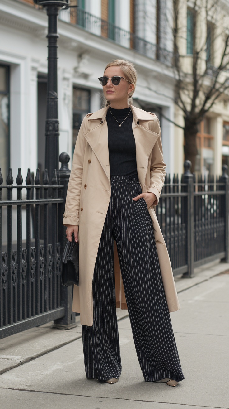 Pinstripe pants with trench coat, an elegant urban look.
