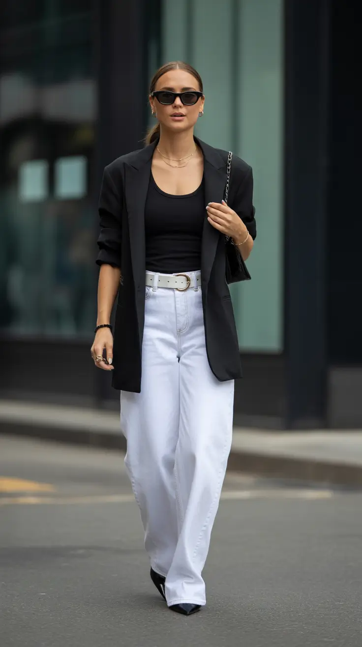 Black top with white pants and blazer, a sleek monochrome look.