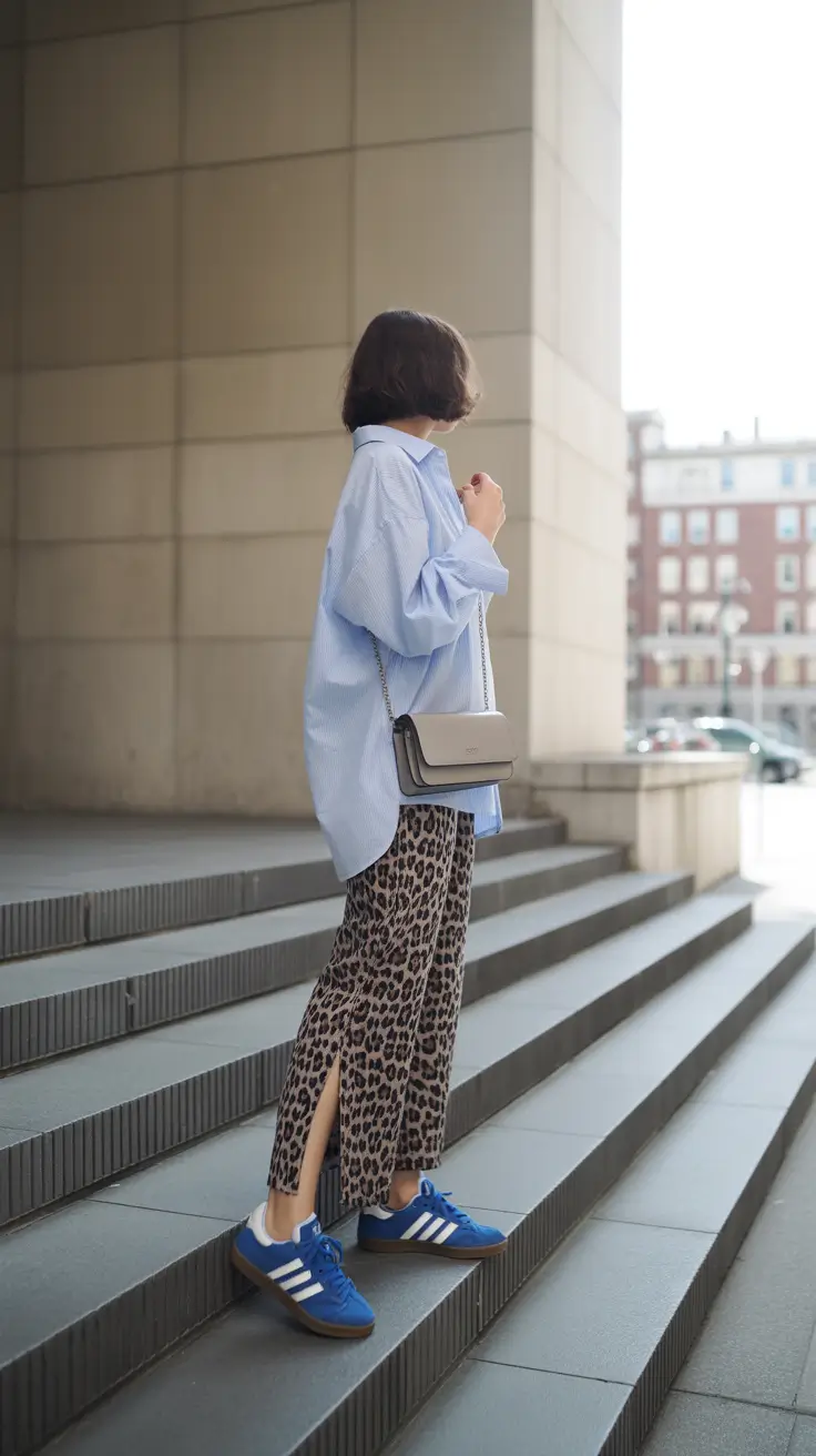 Leopard print pants with oversized shirt, a playful street style.