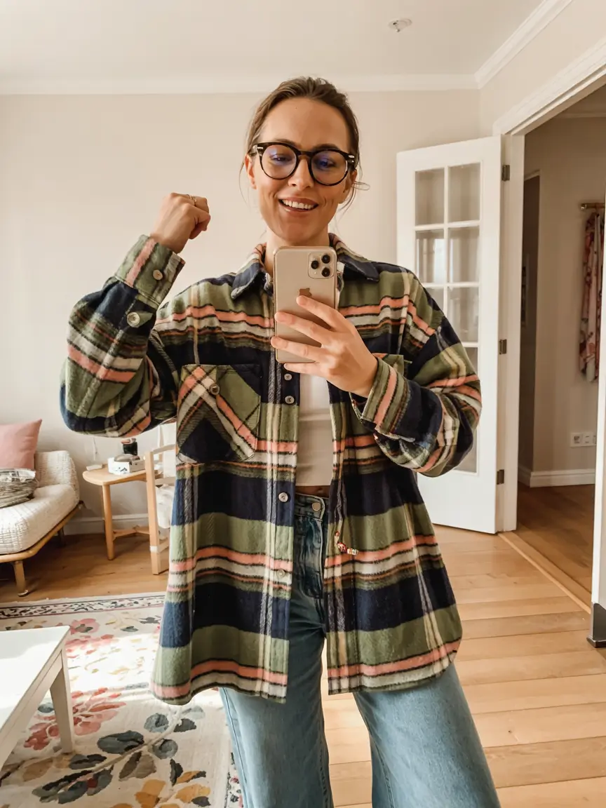 Plaid jacket with jeans, a casual and warm spring outfit.