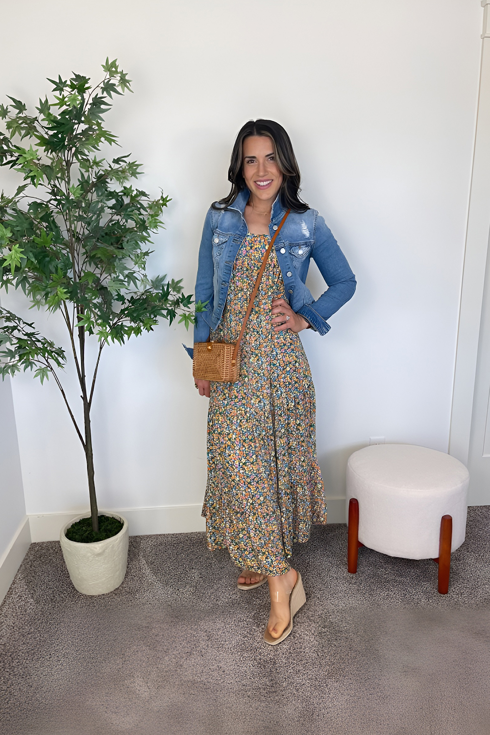 Floral maxi dress with denim jacket, spring fashion 2026