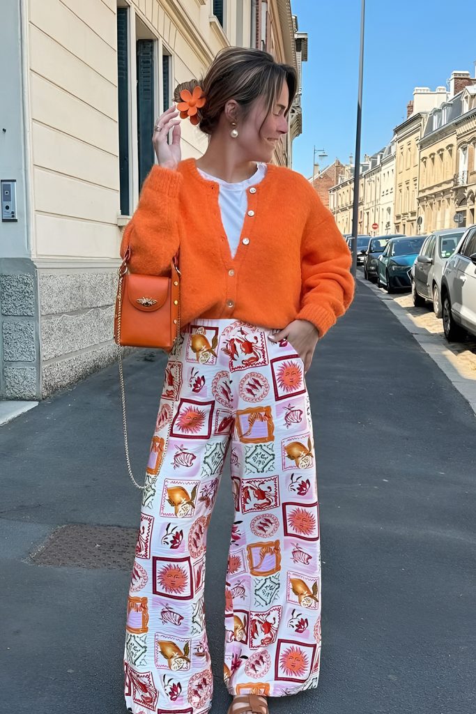Orange cardigan with printed pants, cheerful spring fashion 2026
