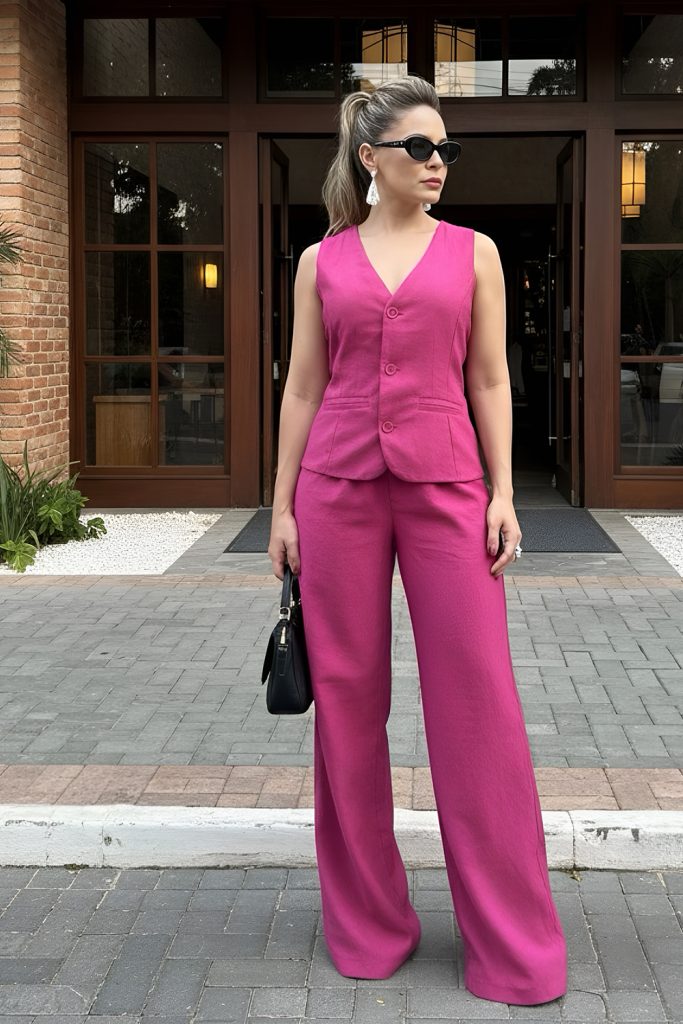 Pink suit with wide-leg pants, powerful spring fashion 2026