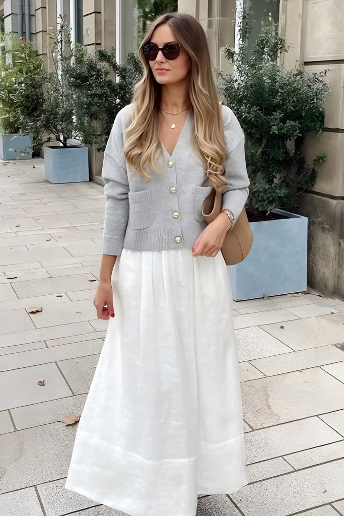 Gray cardigan with white maxi skirt, elegant spring style 2026