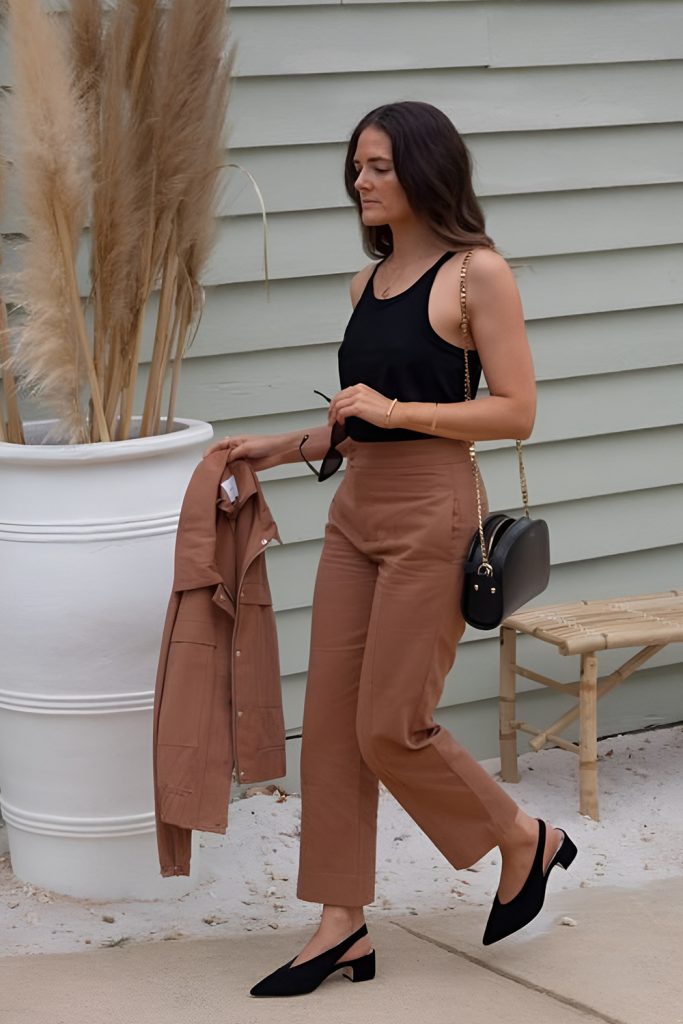Black tank with brown trousers, casual spring elegance 2026