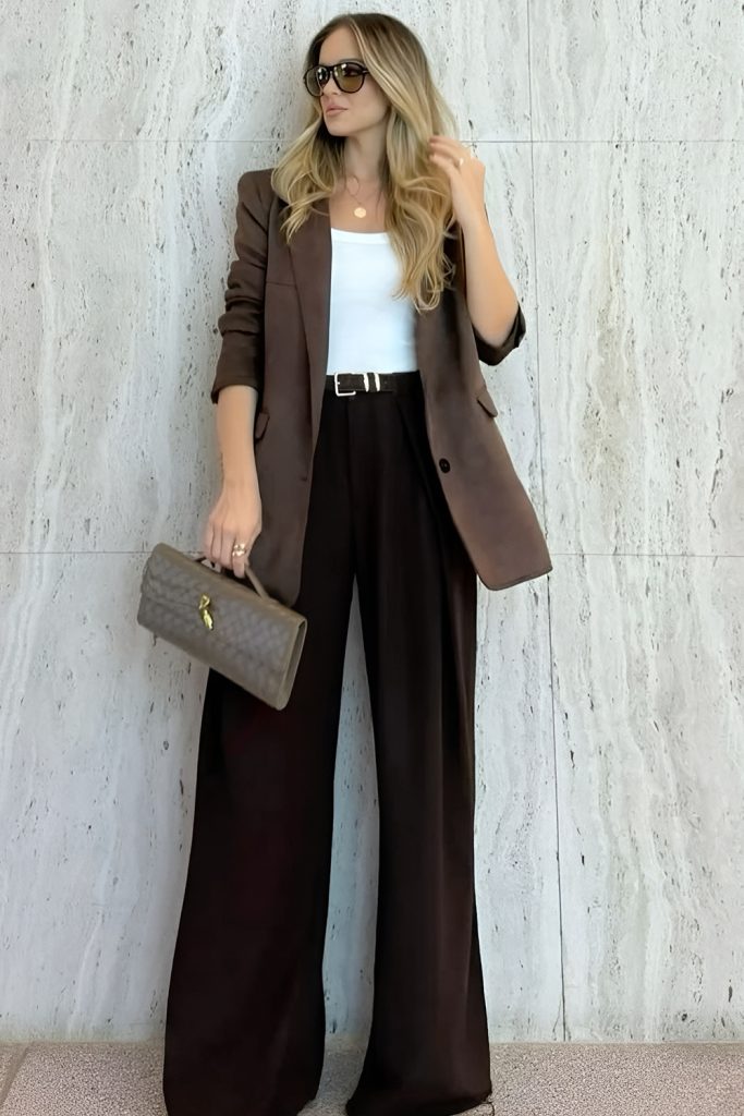 Brown blazer with wide-leg pants, elegant spring fashion 2026