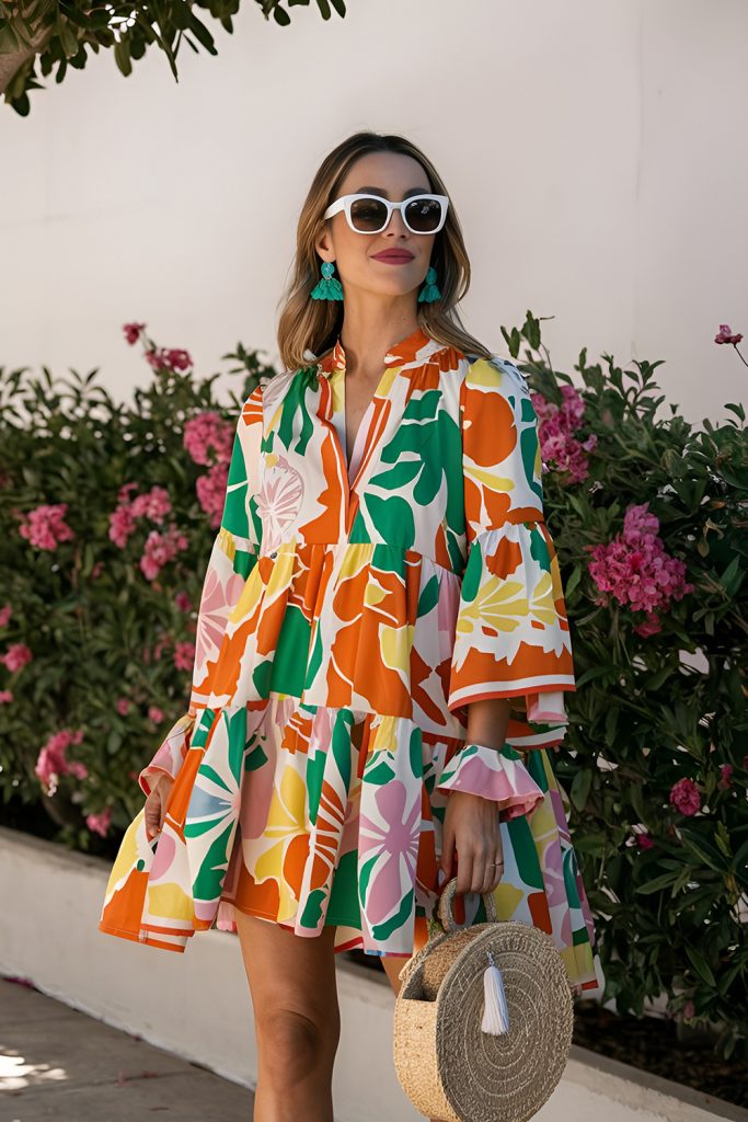Colorful floral dress, spring garden party style 2026