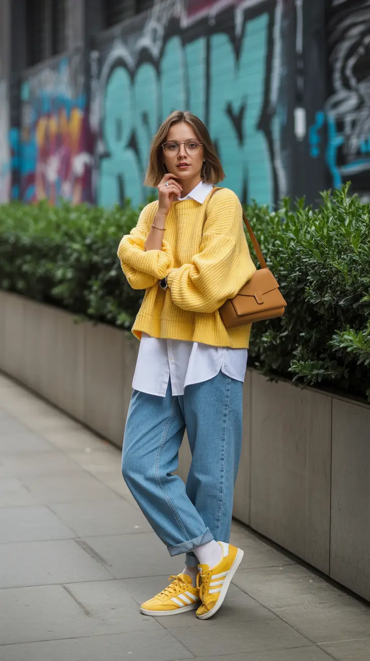 Yellow sweater with white shirt and jeans, casual spring style 2026
