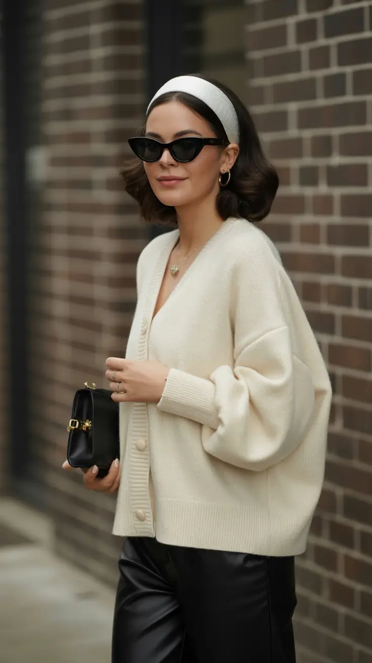 Cream cardigan with black pants, elegant spring fashion 2026