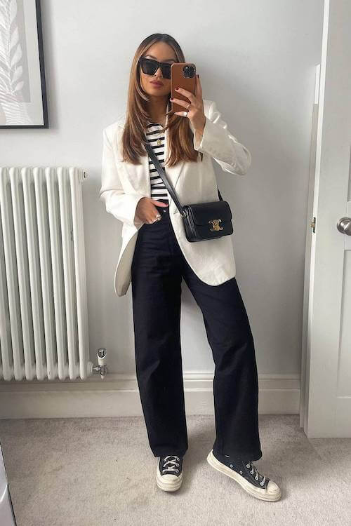 White blazer with striped tee, tailored spring style 2026