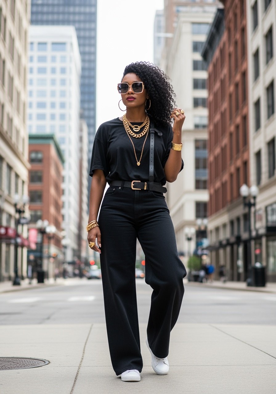 Monochrome black outfit, urban style, street fashion, powerful look, chic monochrome.