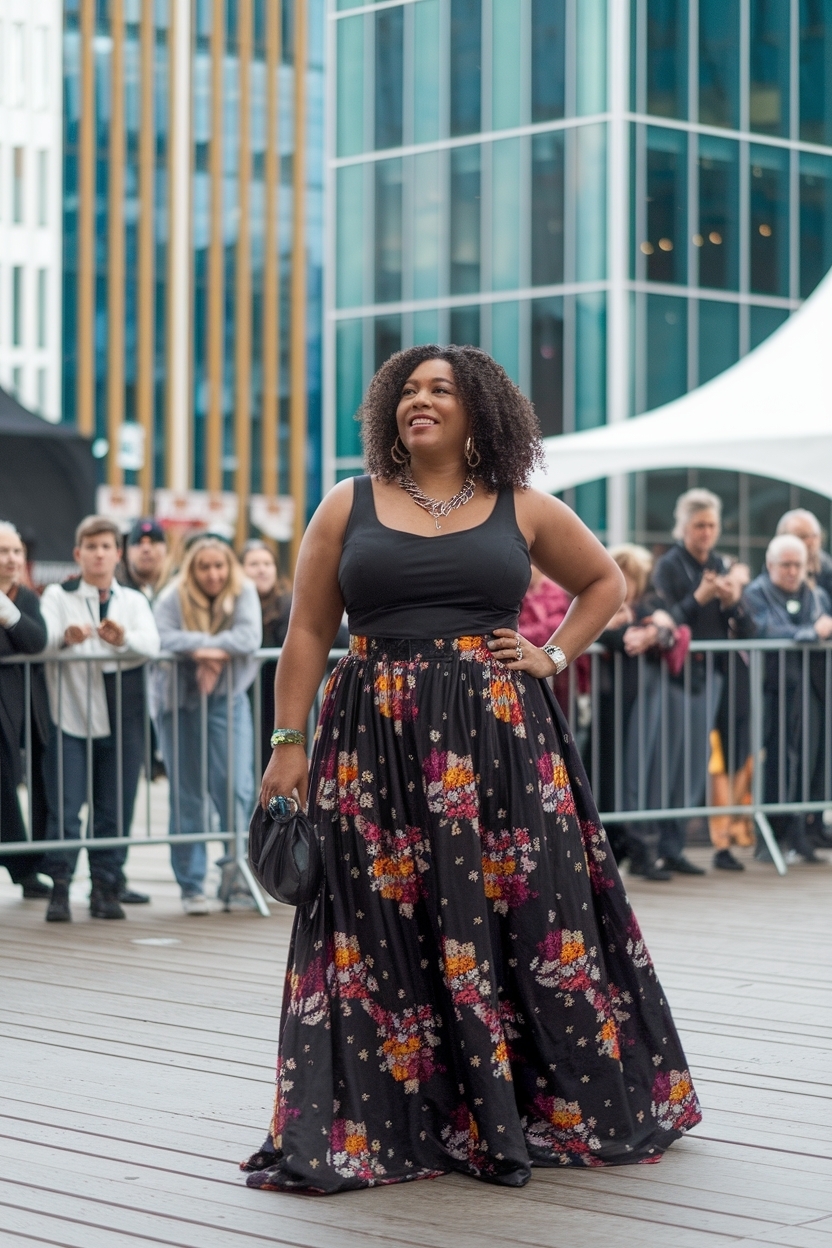 Floral maxi skirt, vibrant fashion, joyful statement, spring trends, bold florals.