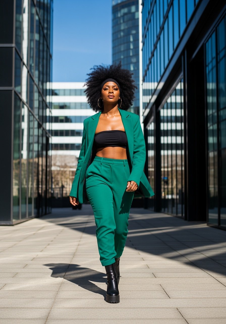 Green power suit, bold fashion, modern woman, chic office wear, confident style