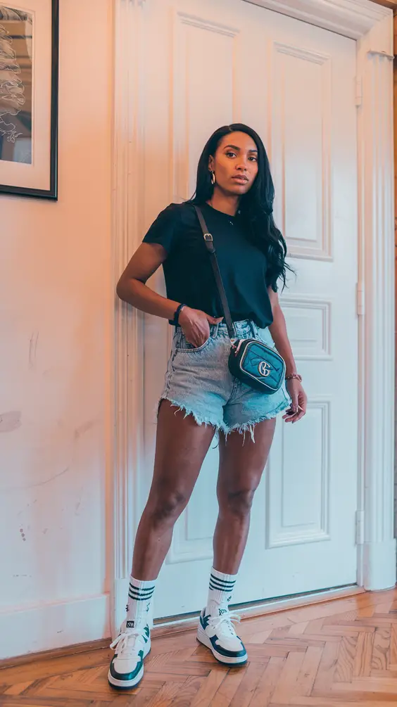 Denim shorts, casual style, effortless cool, street fashion, chic basics