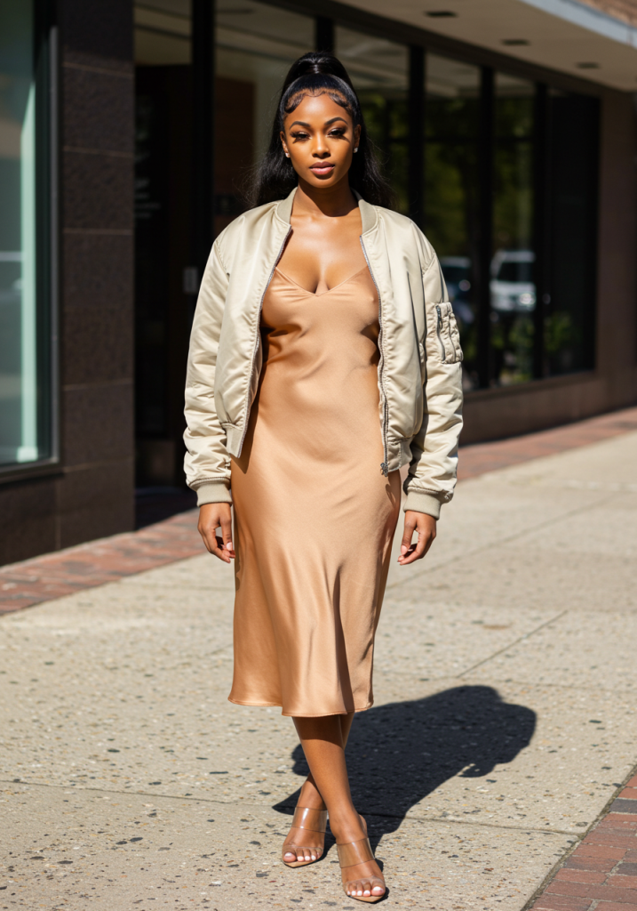 Satin slip dress, streetwise style, bomber jacket, urban fashion, chic sophistication