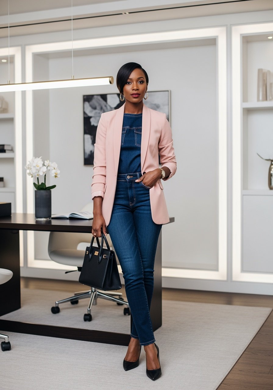 Denim jumpsuit, blush blazer, professional chic, modern office wear, stylish confidence