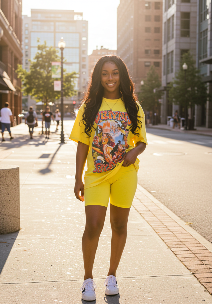 Yellow outfit, vibrant fashion, street style, bold statement, casual chic