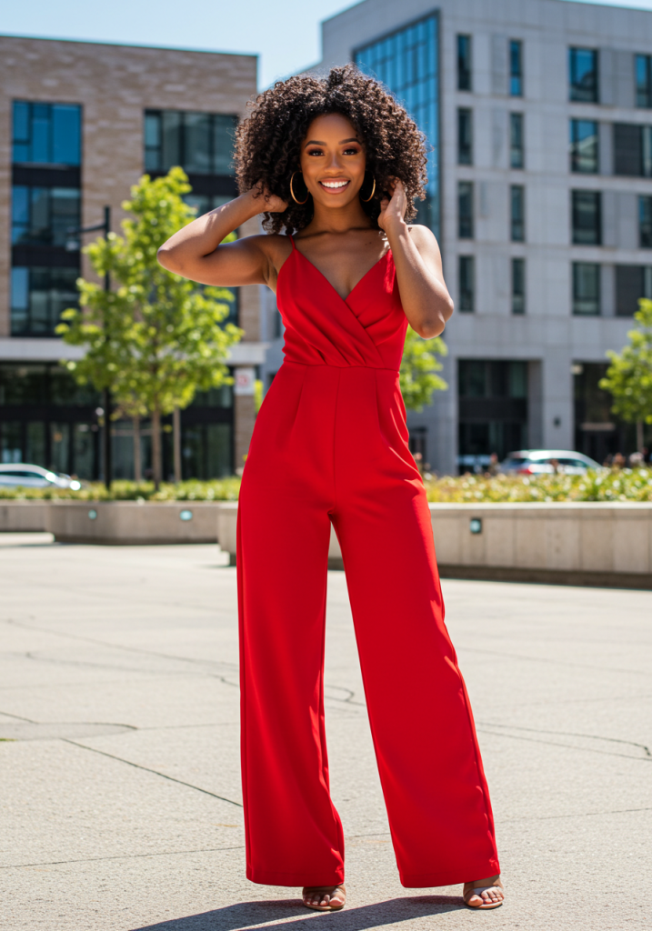 Red jumpsuit, timeless elegance, sophisticated fashion, evening wear, chic style