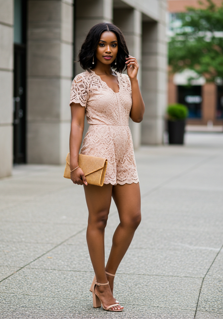 Lace romper, romantic charm, elegant fashion, spring trends, chic outfit