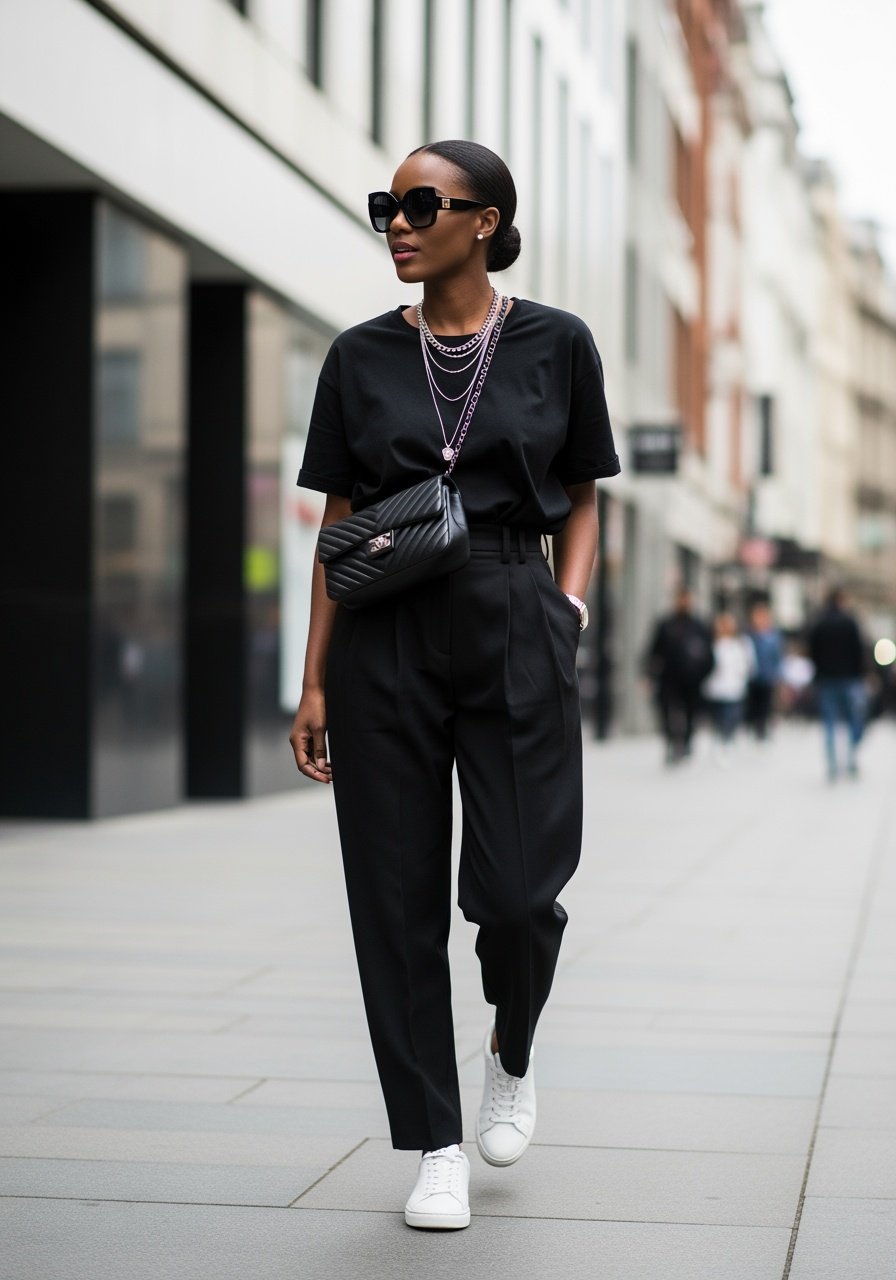 Monochrome outfit, street style, chic fashion, urban edge, effortless cool