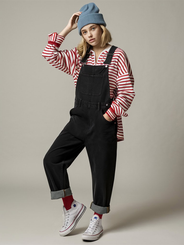 Teen girl wearing overalls with a striped shirt, laid-back style