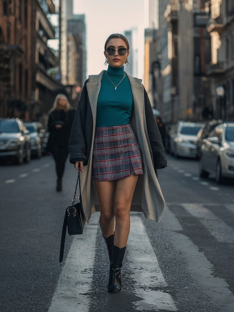 Teen girl in plaid skirt and teal turtleneck, urban chic style
